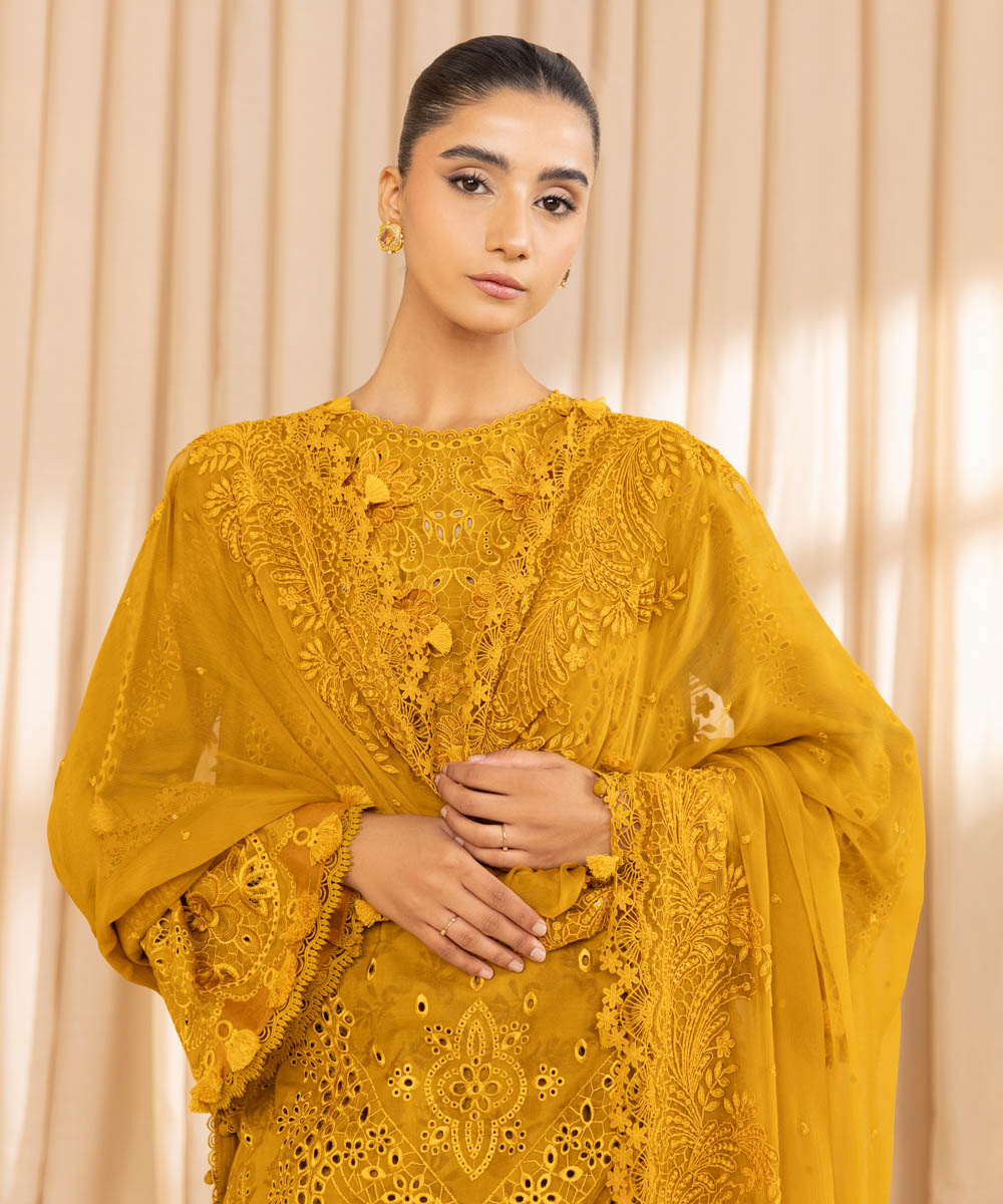 Women’s 3-piece Embroidered Mustard Cotton jacquard suit